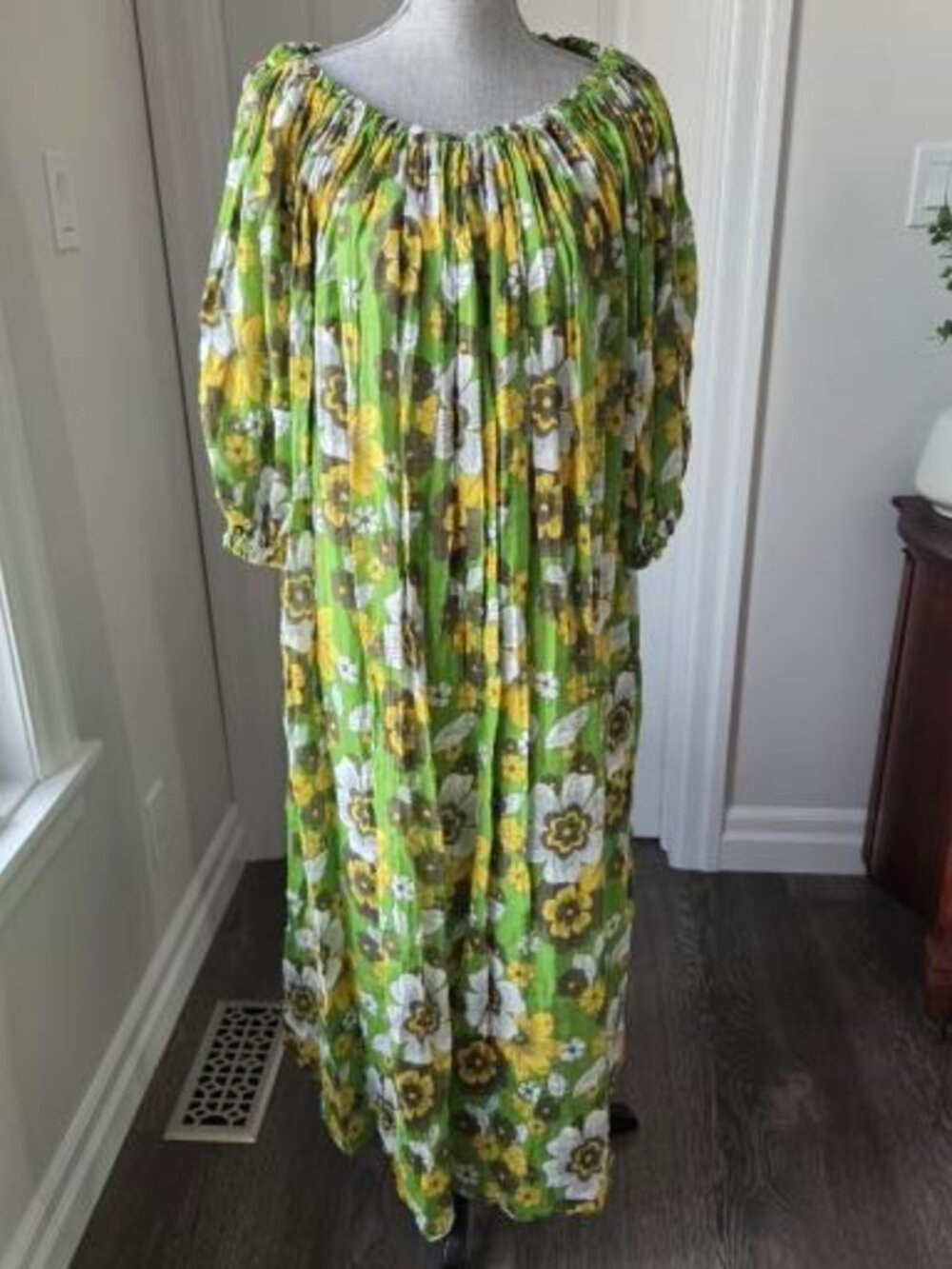 Dodo Bar Or off shoulder maxi 70's inspired green floral dress boho size med